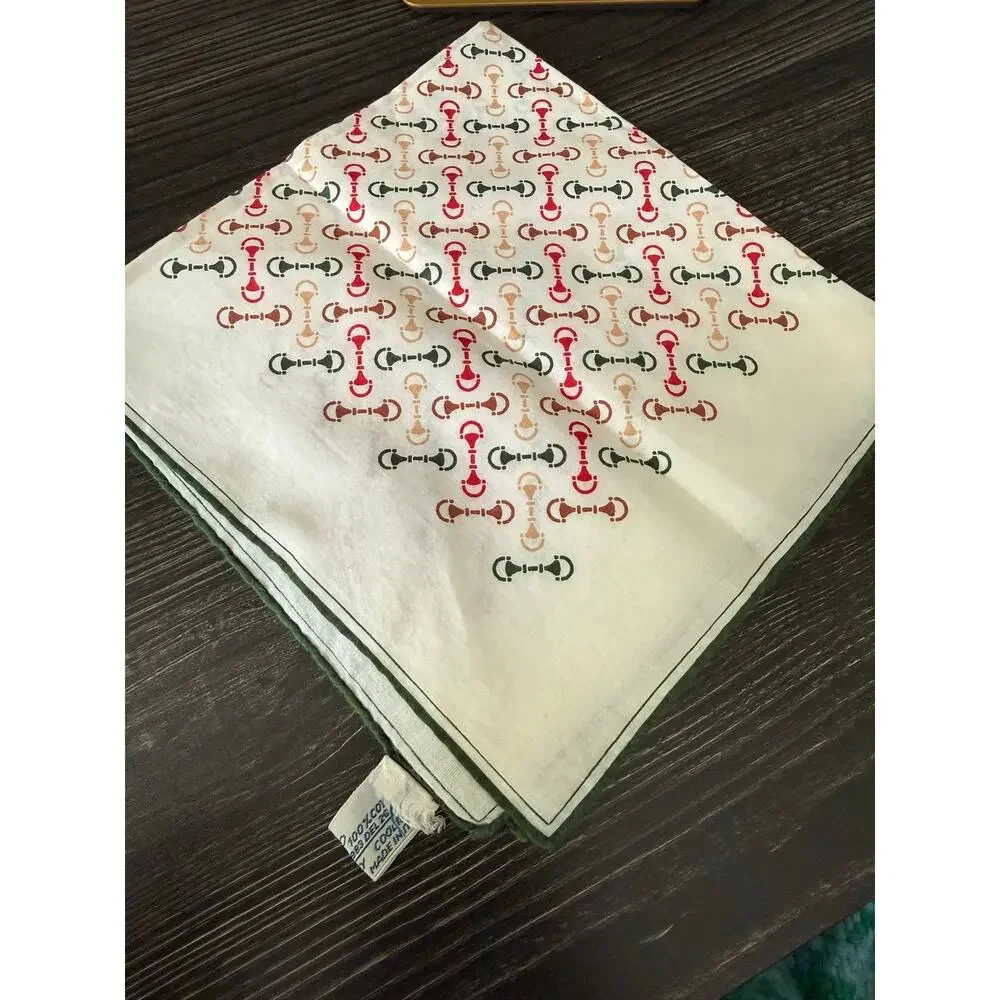 Vintage Gucci 1970’s White Cotton Scarf with Green, Red, Tan Horsebit Print